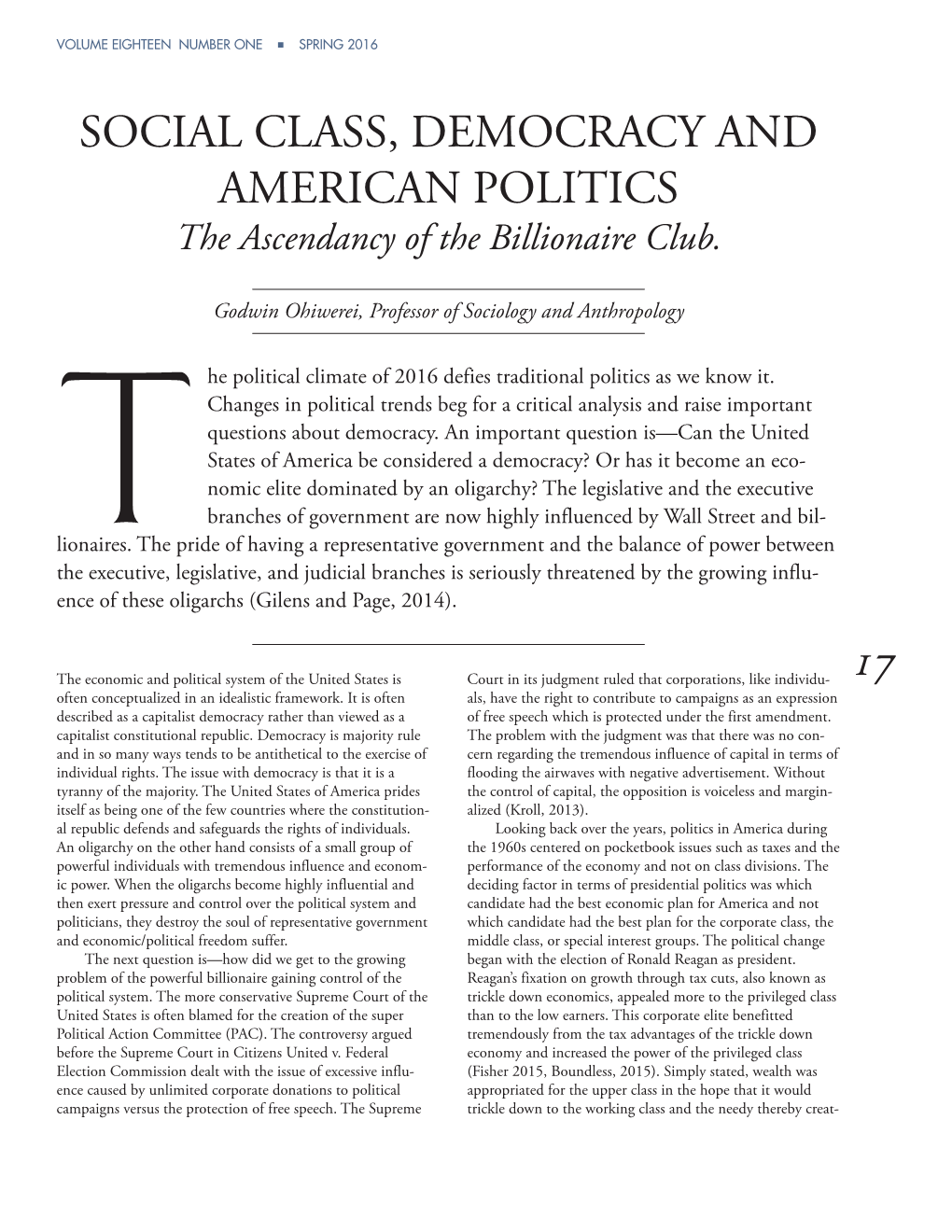 Social Class, Democracy and American Politics the Ascendancy of the Billionaire Club