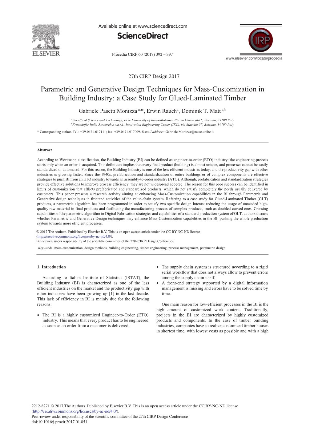 Parametric and Generative Design Techniques for Mass-Customization in Building Industry: a Case Study for Glued-Laminated Timber