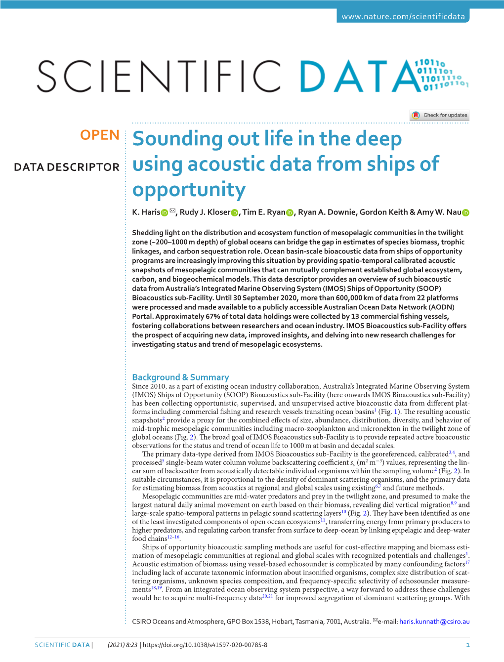 Sounding out Life in the Deep Using Acoustic Data from Ships of Opportunity