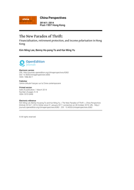 The New Paradox of Thrift: Financialisation, Retirement Protection, and Income Polarisation in Hong Kong