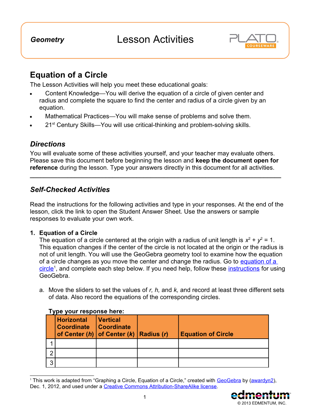 Equation of a Circle