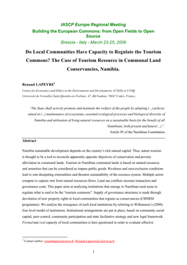 Do Local Communities Have Capacity to Regulate the Tourism Commons? the Case of Tourism Resource in Communal Land Conservancies, Namibia