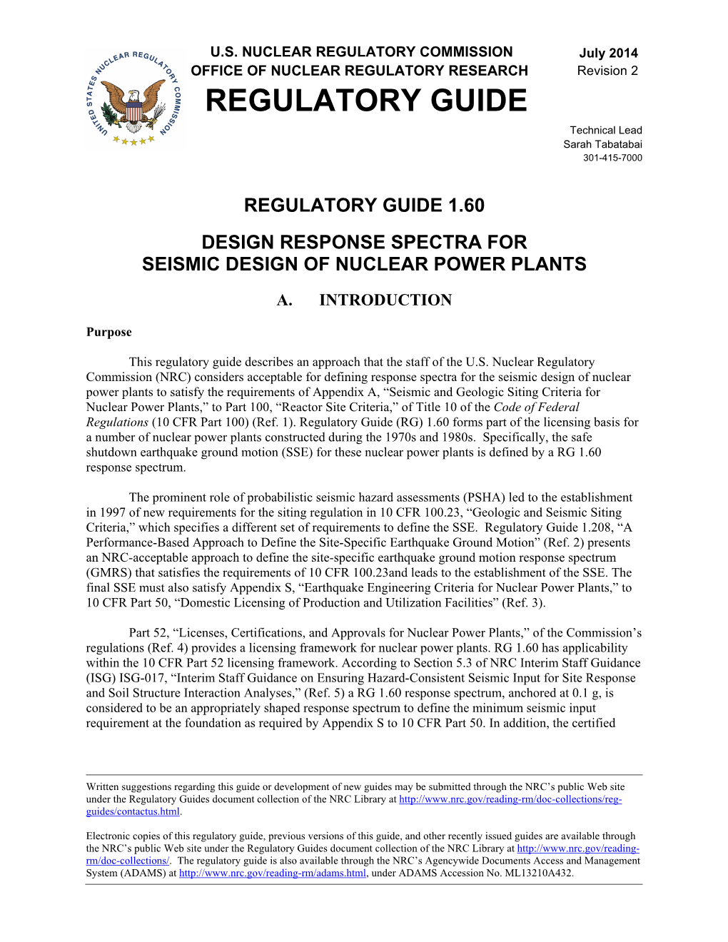 Regulatory Guide 1.60, Revision 2, "Design Response Spectra For