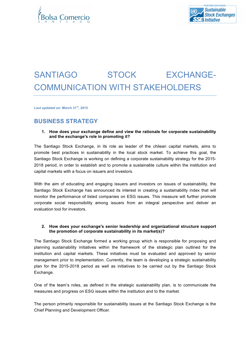 Santiago Stock Exchange- Communication with Stakeholders