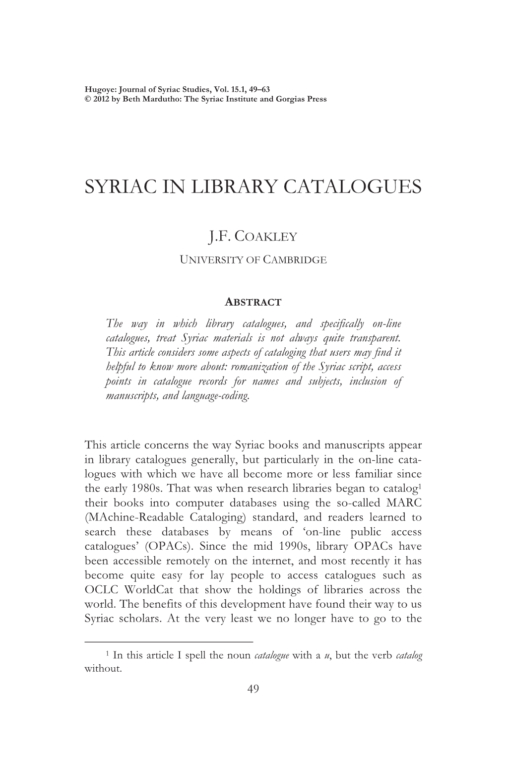 Syriac in Library Catalogues