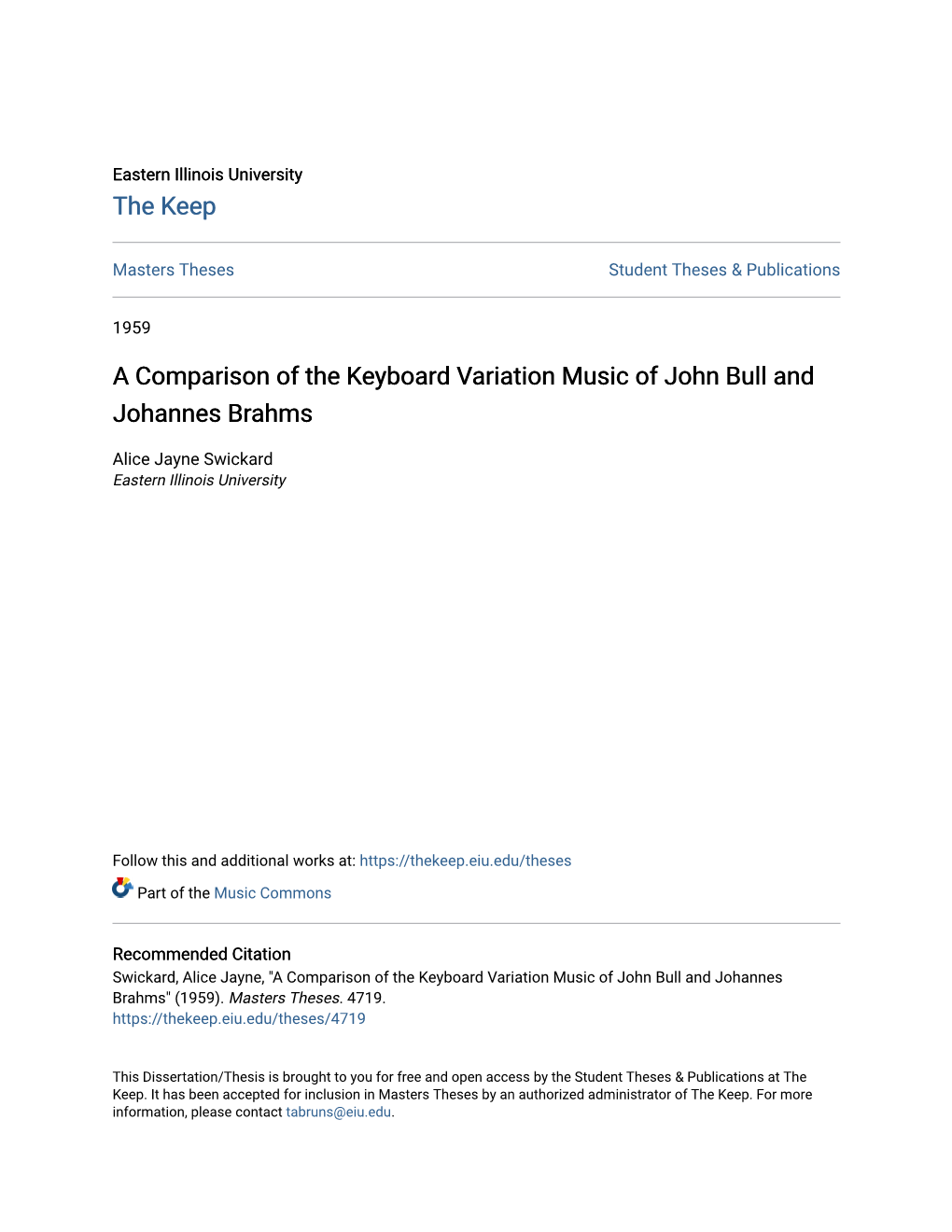 A Comparison of the Keyboard Variation Music of John Bull and Johannes Brahms