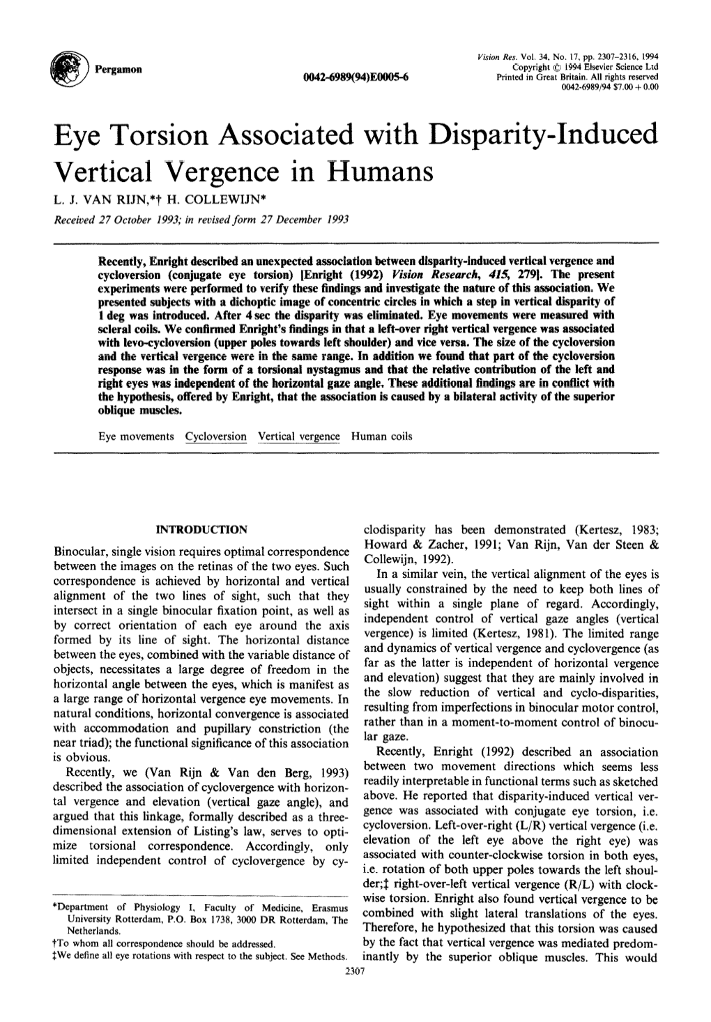 Eye Torsion Associated with Disparity-Induced Vertical Vergence in Humans L