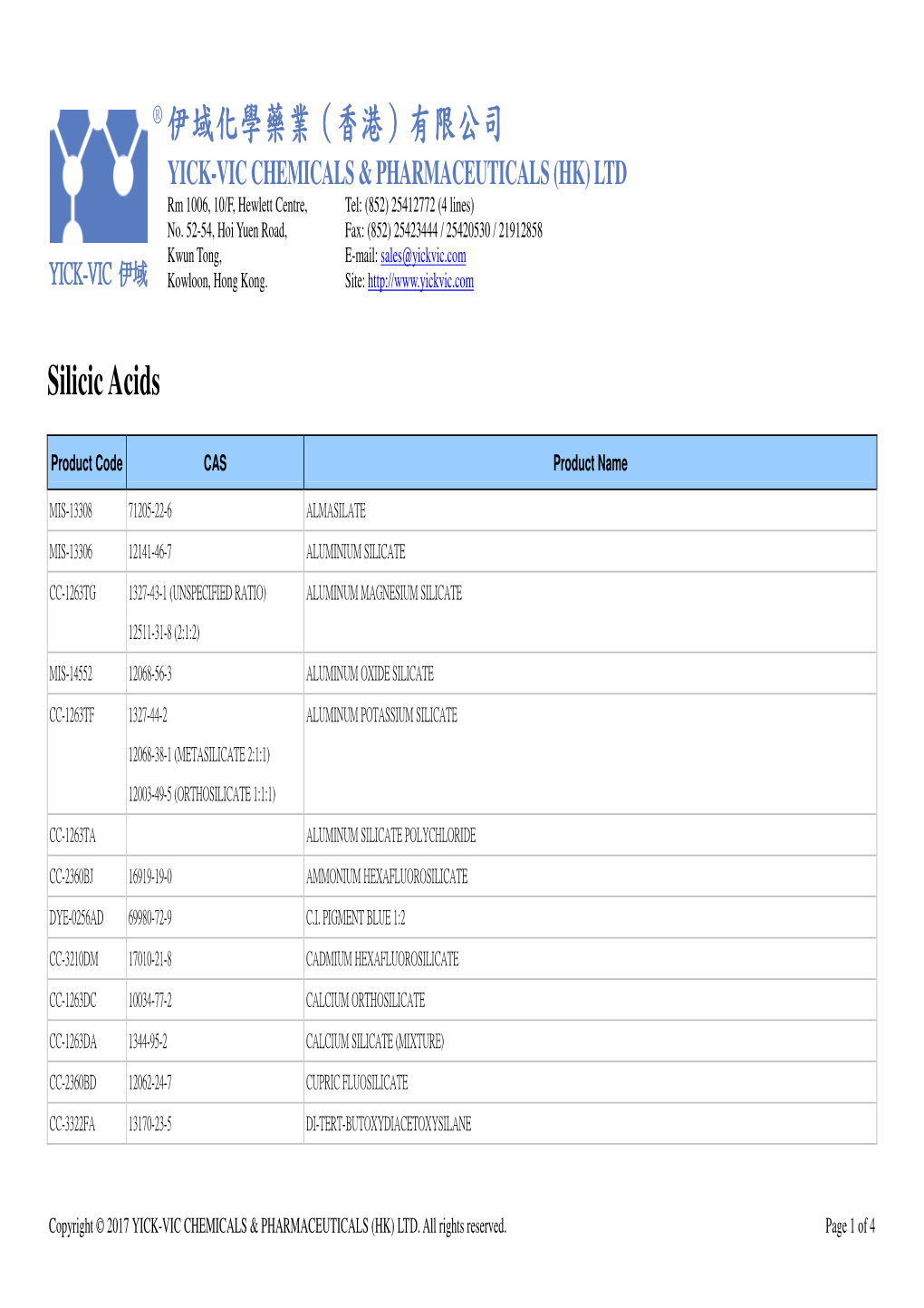 伊域化學藥業（香港）有限公司 Silicic Acids