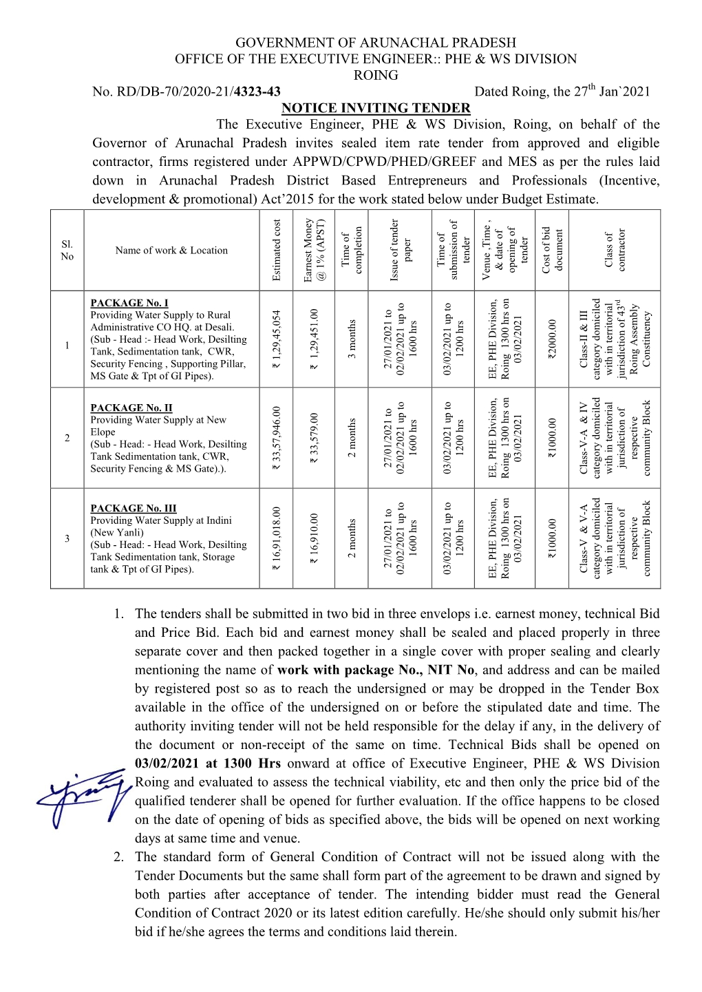 GOVERNMENT of ARUNACHAL PRADESH OFFICE of the EXECUTIVE ENGINEER:: PHE & WS DIVISION ROING No