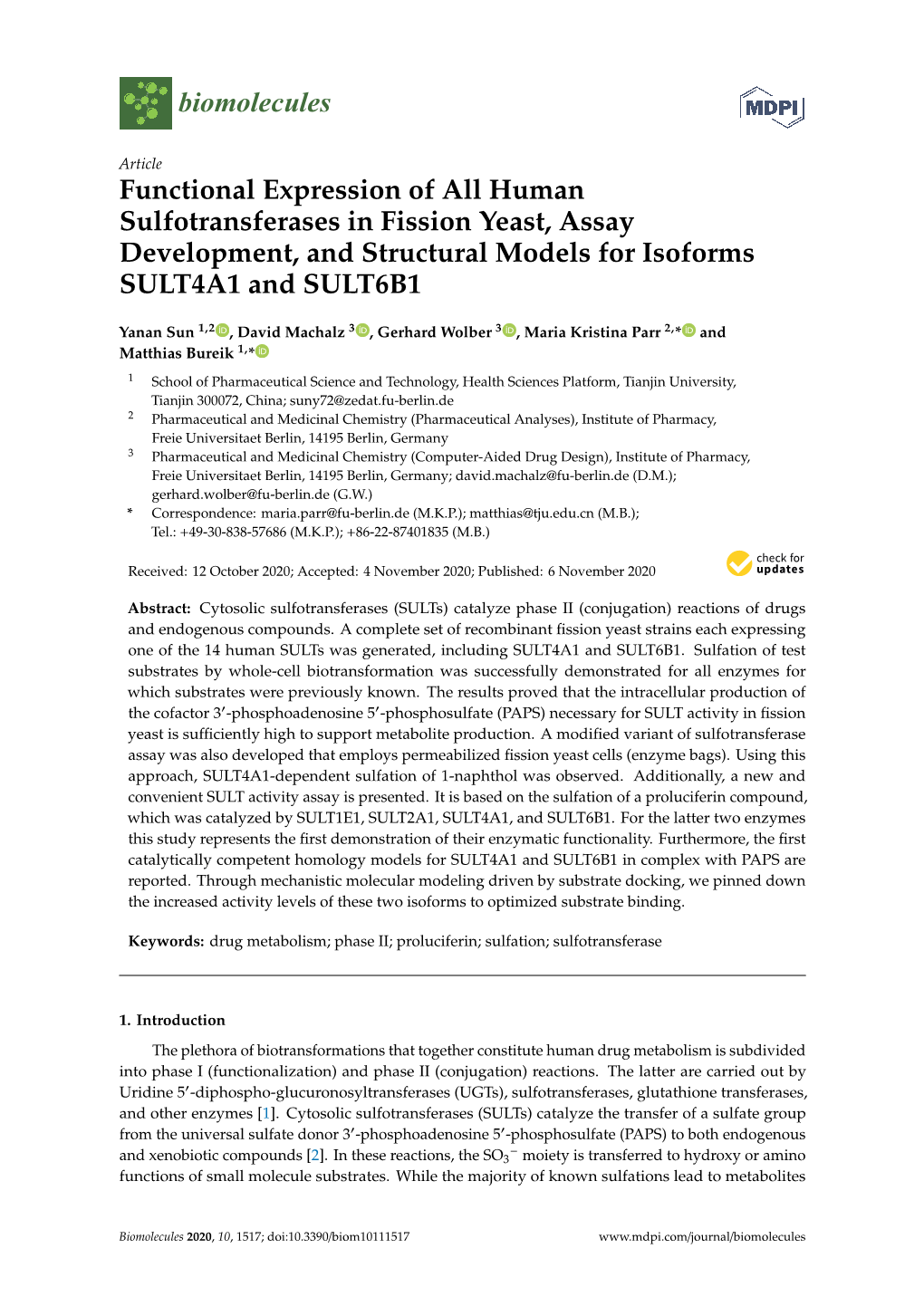 Functional Expression of All Human Sulfotransferases in Fission Yeast, Assay Development, and Structural Models for Isoforms SULT4A1 and SULT6B1