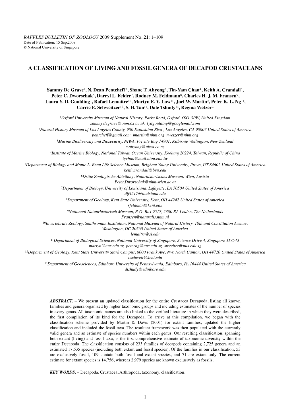 A Classification of Living and Fossil Genera of Decapod Crustaceans