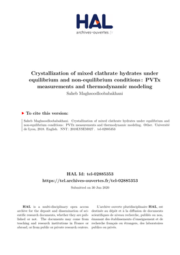 Crystallization of Mixed Clathrate Hydrates Under Equilibrium and Non-Equilibrium Conditions : Pvtx Measurements and Thermodynamic Modeling Saheb Maghsoodloobabakhani