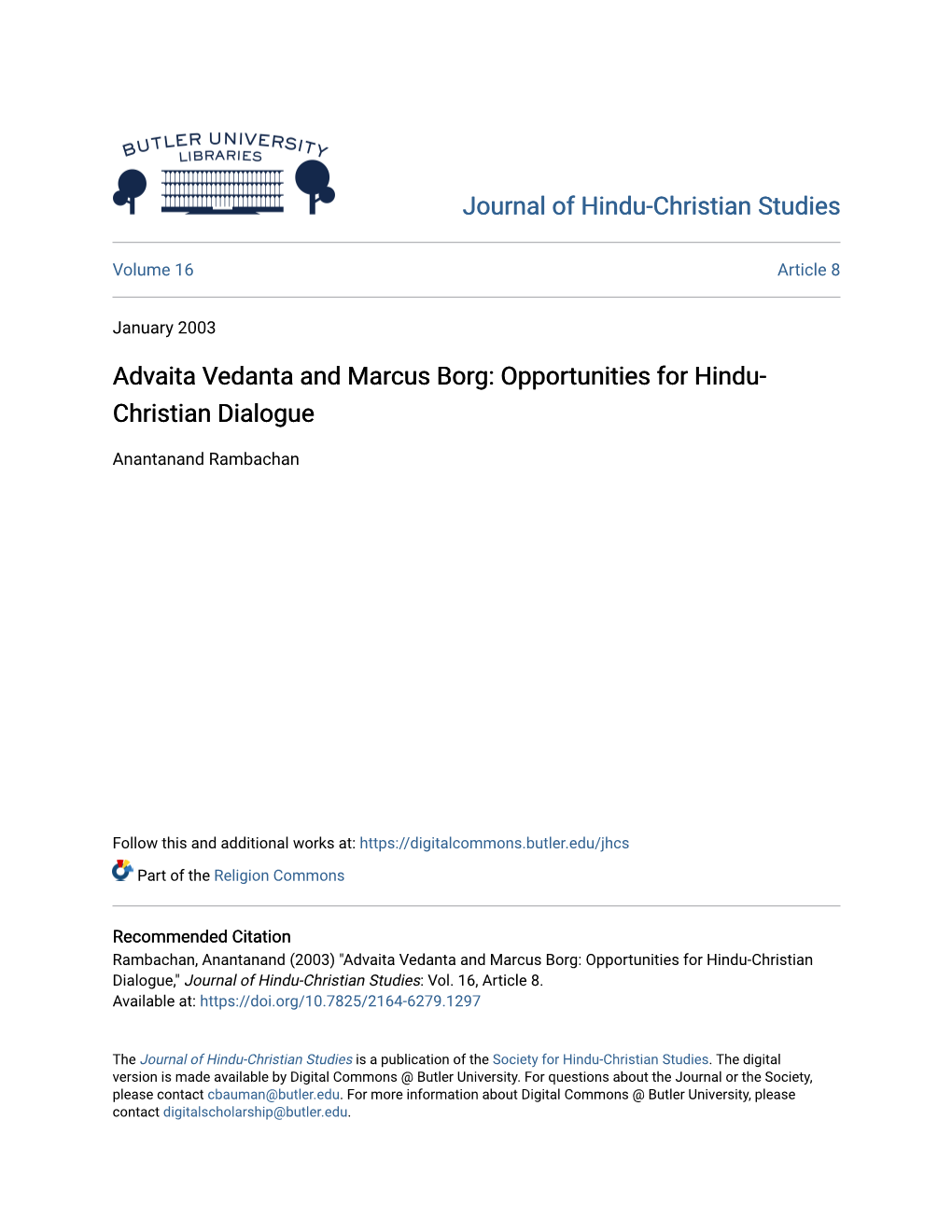 Advaita Vedanta and Marcus Borg: Opportunities for Hindu- Christian Dialogue