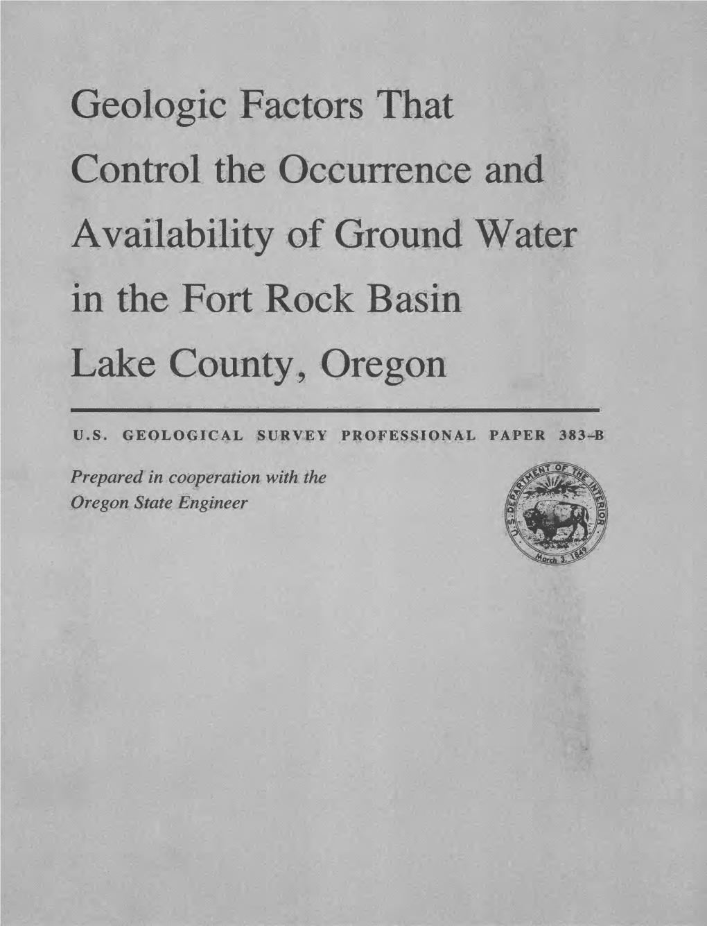 Prepared in Cooperation with the Oregon State Engineer