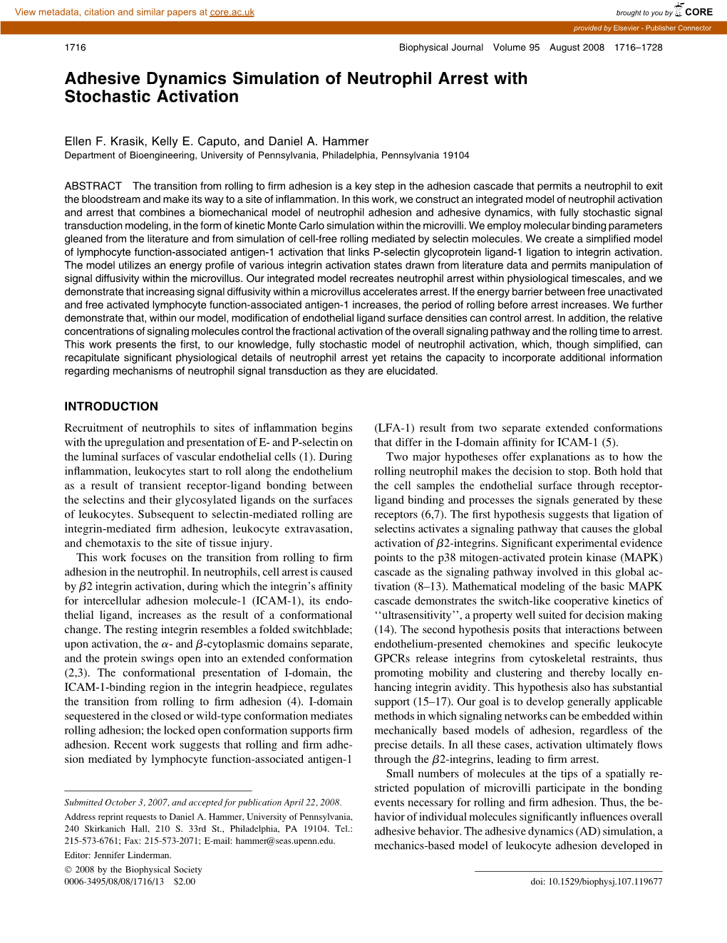 Adhesive Dynamics Simulation of Neutrophil Arrest with Stochastic Activation