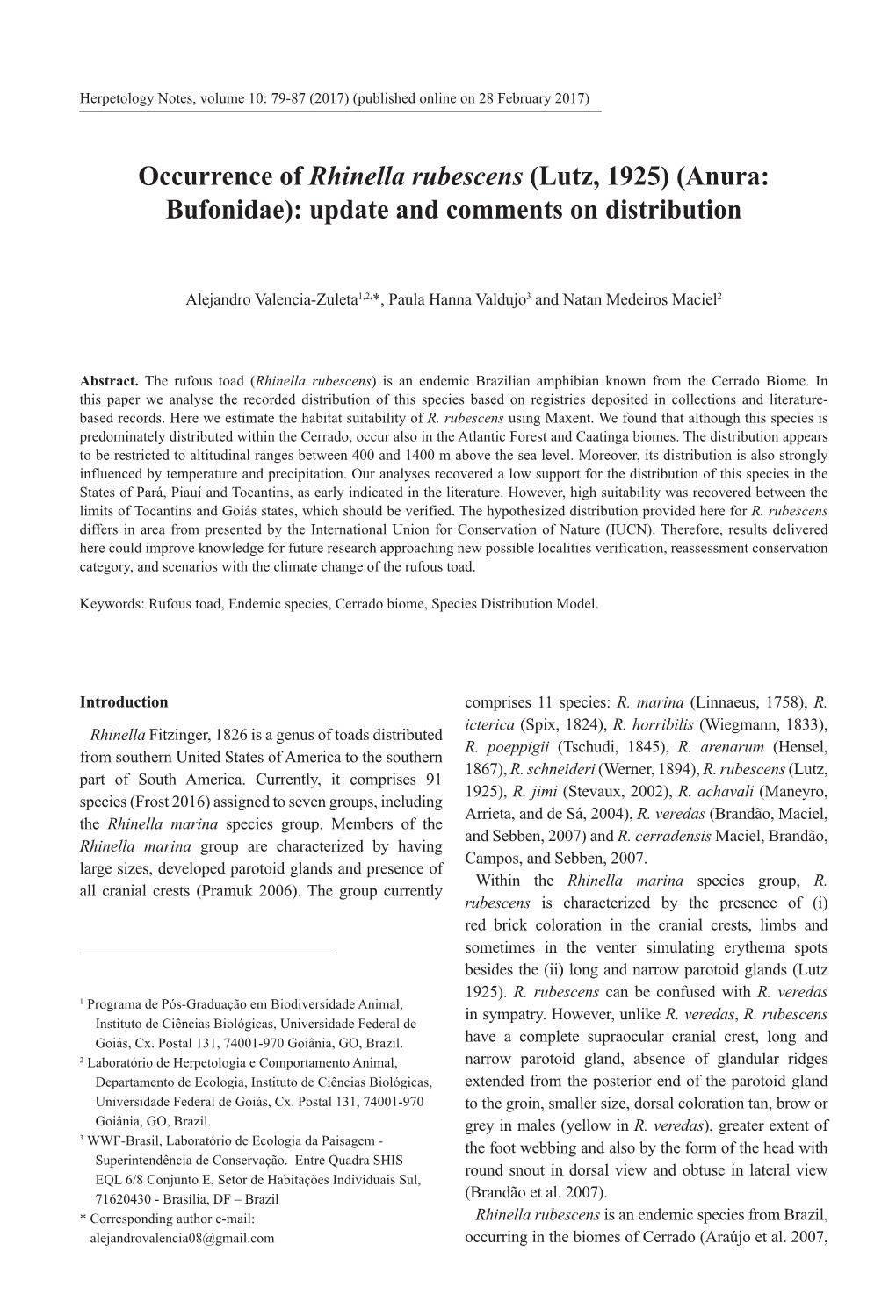 Occurrence of Rhinella Rubescens (Lutz, 1925) (Anura: Bufonidae): Update and Comments on Distribution