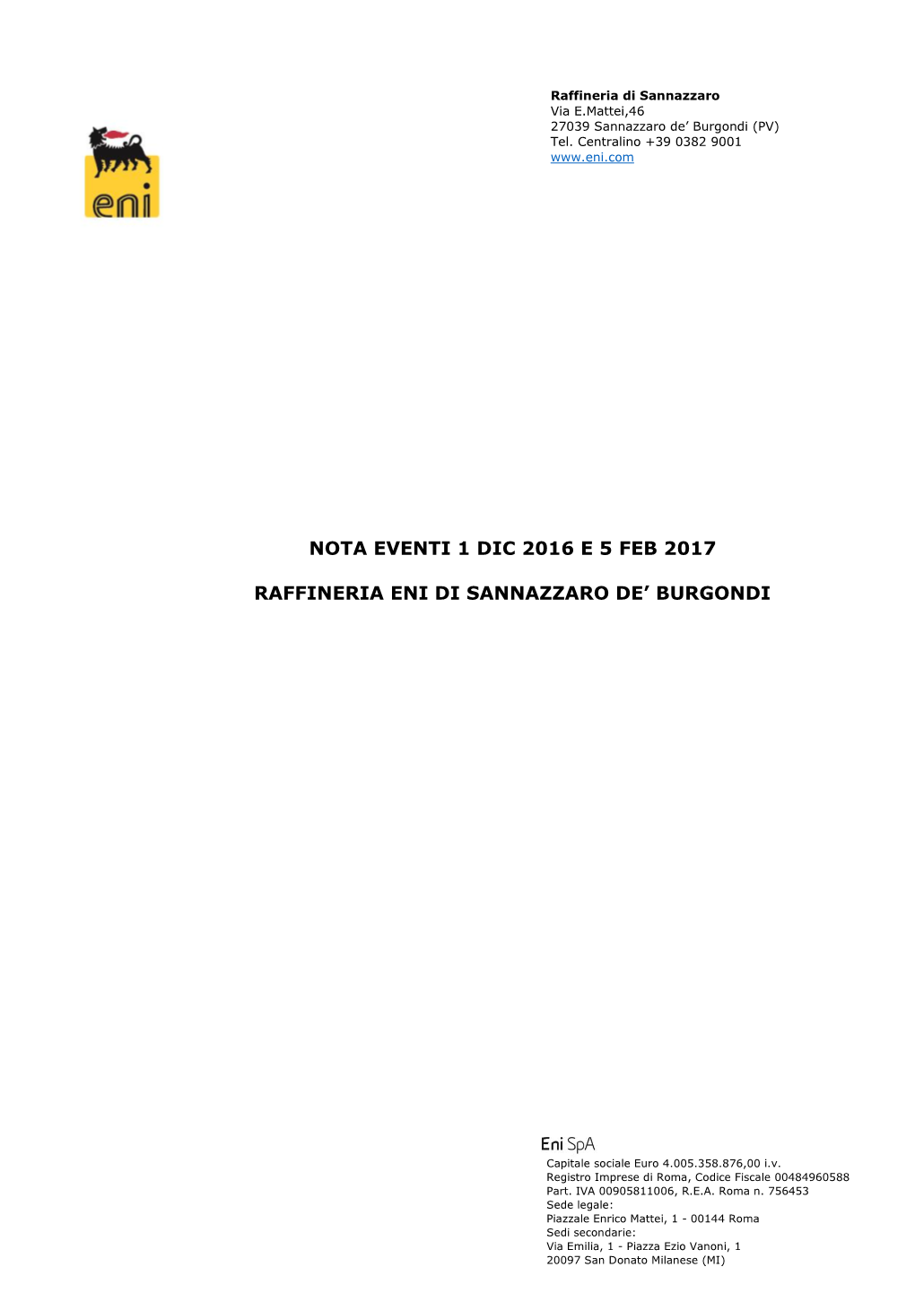 Nota Eventi 1 Dic 2016 E 5 Feb 2017 Raffineria Eni Di Sannazzaro De