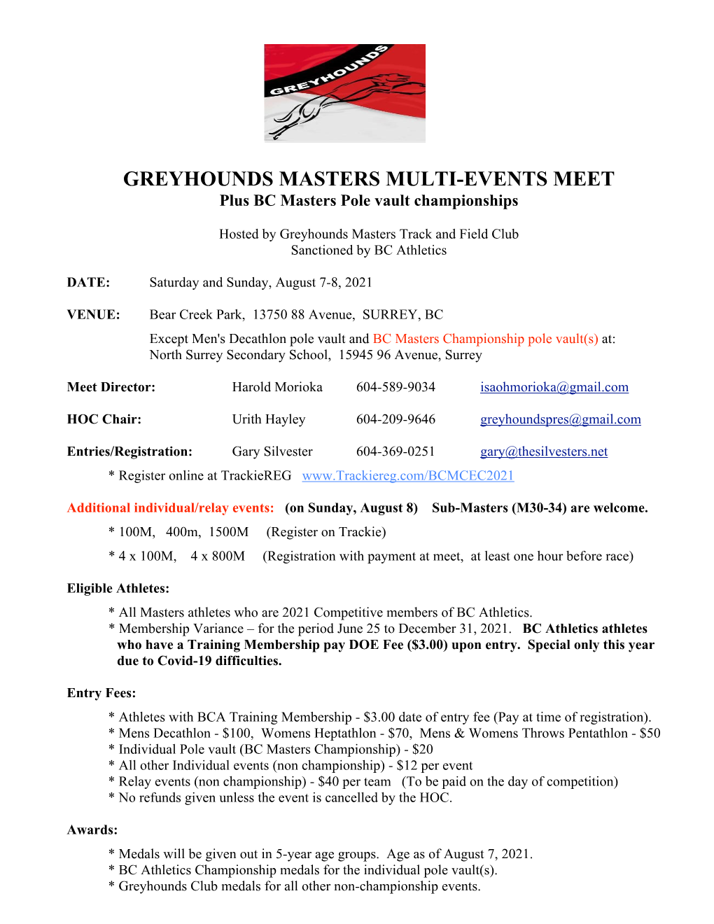 GREYHOUNDS MASTERS MULTI-EVENTS MEET Plus BC Masters Pole Vault Championships