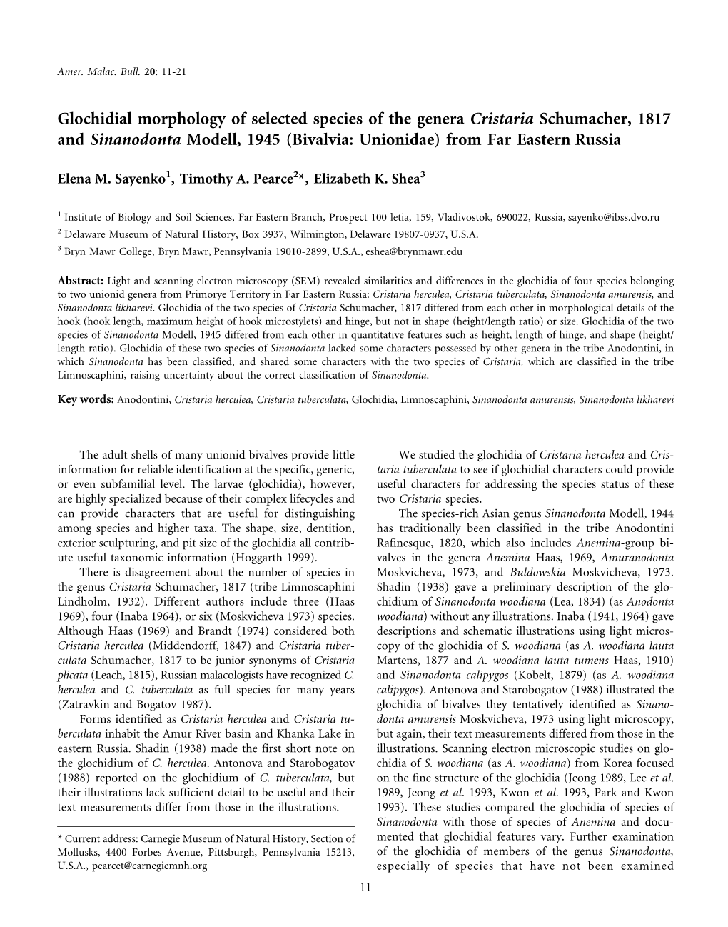 Glochidial Morphology of Selected Species of the Genera Cristaria Schumacher, 1817 and Sinanodonta Modell, 1945 (Bivalvia: Unionidae) from Far Eastern Russia