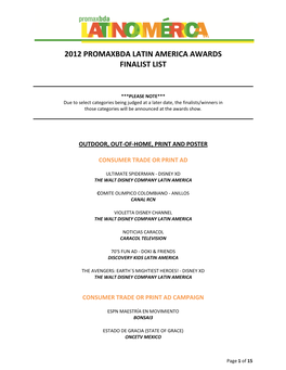 2012 Promaxbda Latin America Awards Finalist List