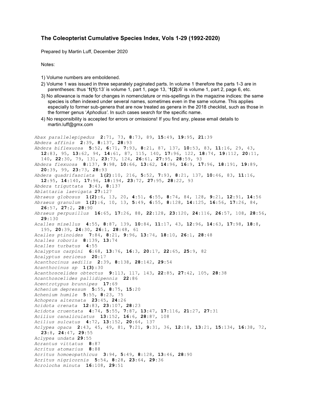 The Coleopterist Cumulative Species Index, Vols 1-29 (1992-2020)