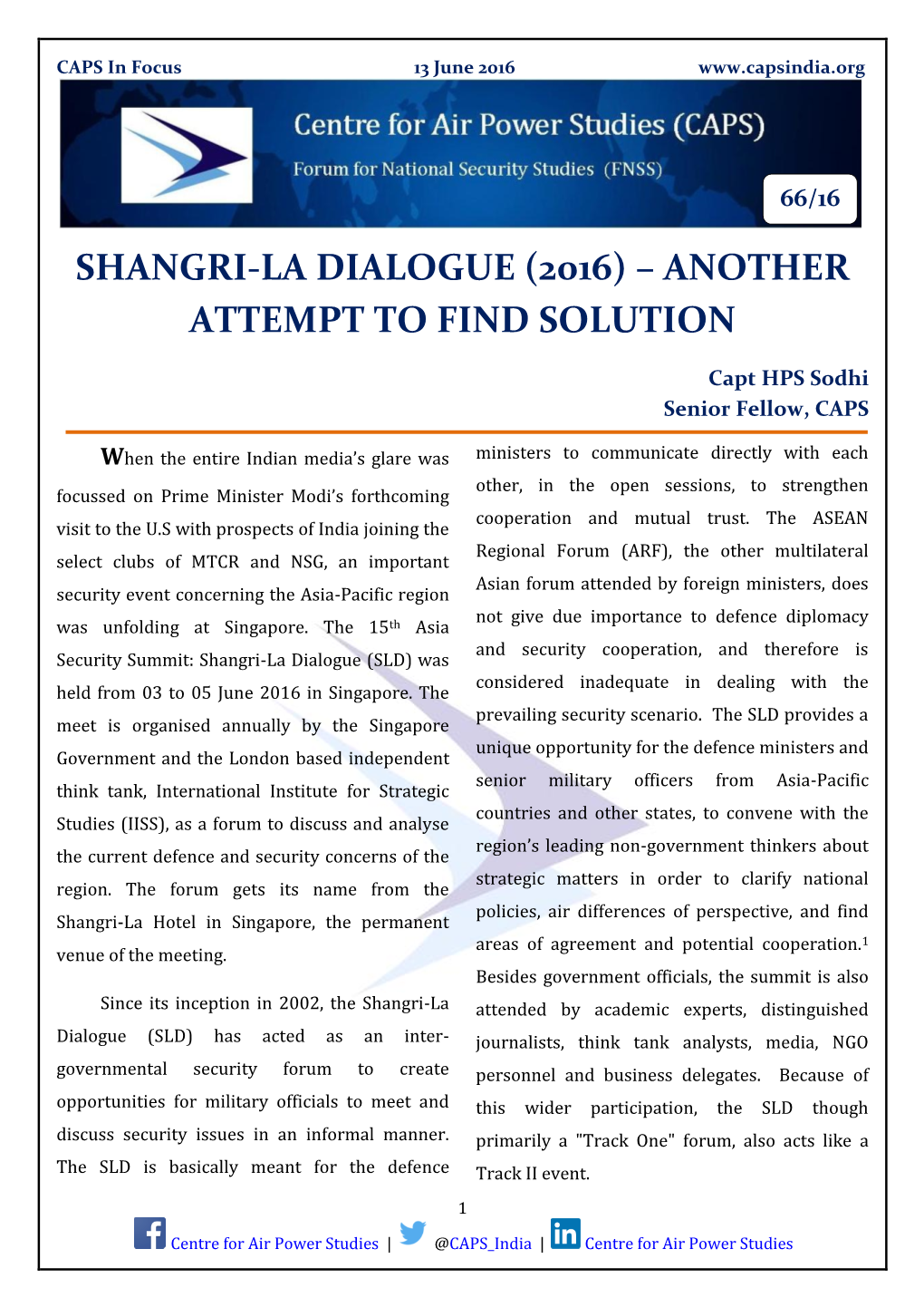 Shangri-La Dialogue (2016) – Another Attempt to Find Solution