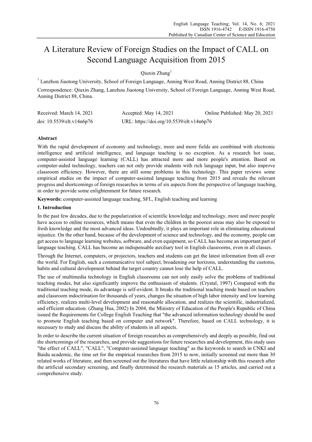 A Literature Review of Foreign Studies on the Impact of CALL on Second Language Acquisition from 2015