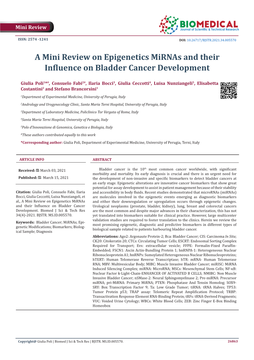 A Mini Review on Epigenetics Mirnas and Their Influence on Bladder Cancer Development