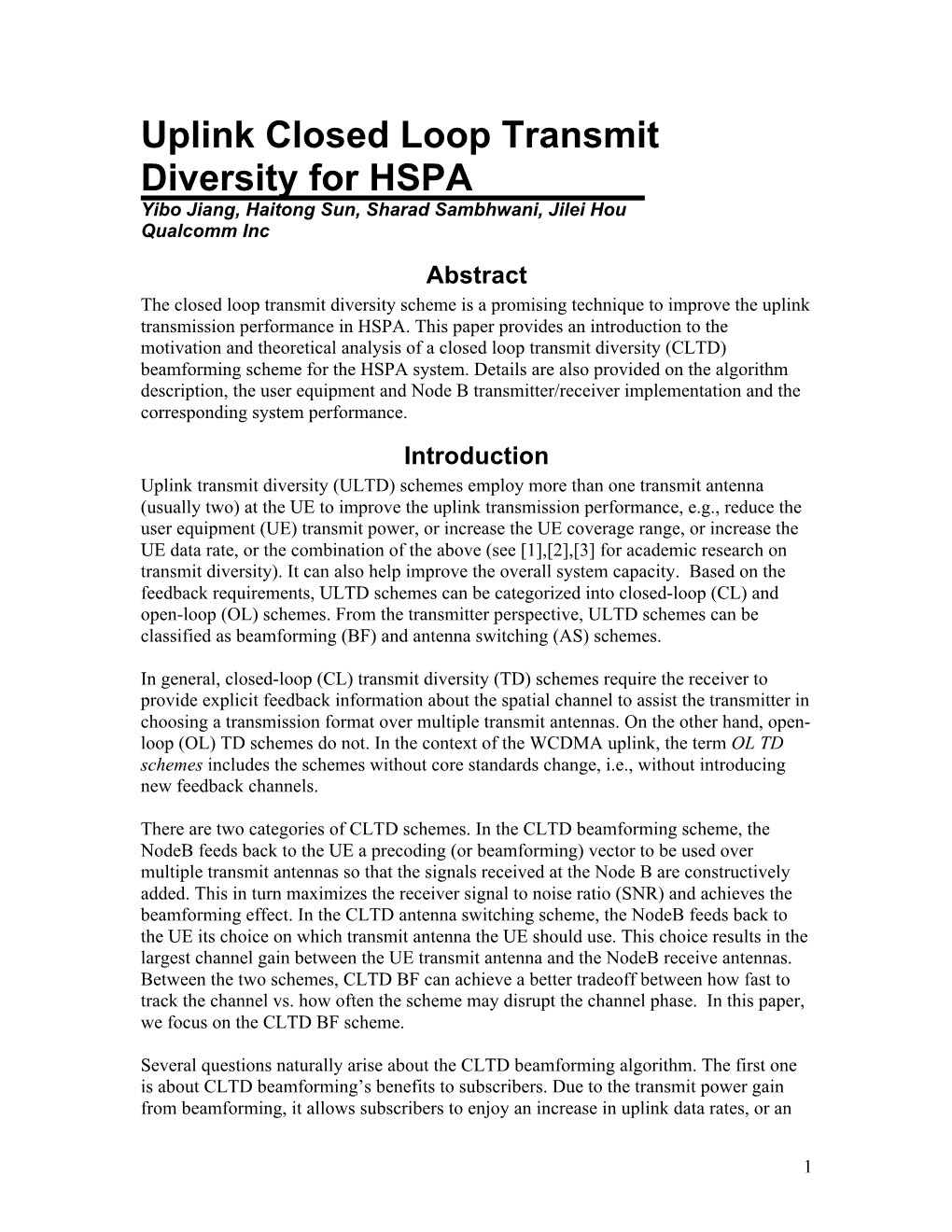 Uplink Closed Loop Transmit Diversity for HSPA