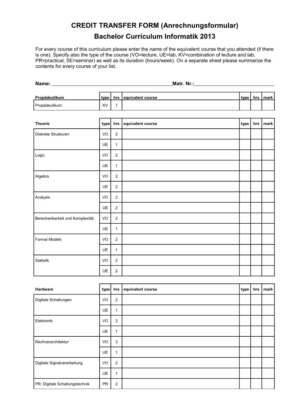 CREDIT TRANSFER FORM (Anrechnungsformular)