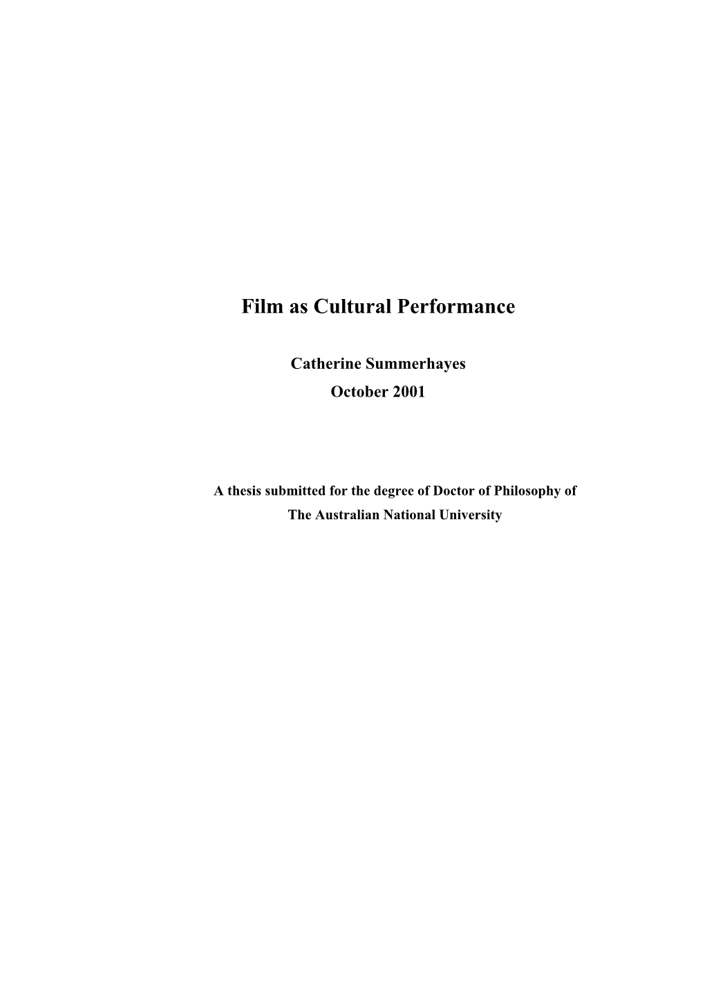 Film As Cultural Performance