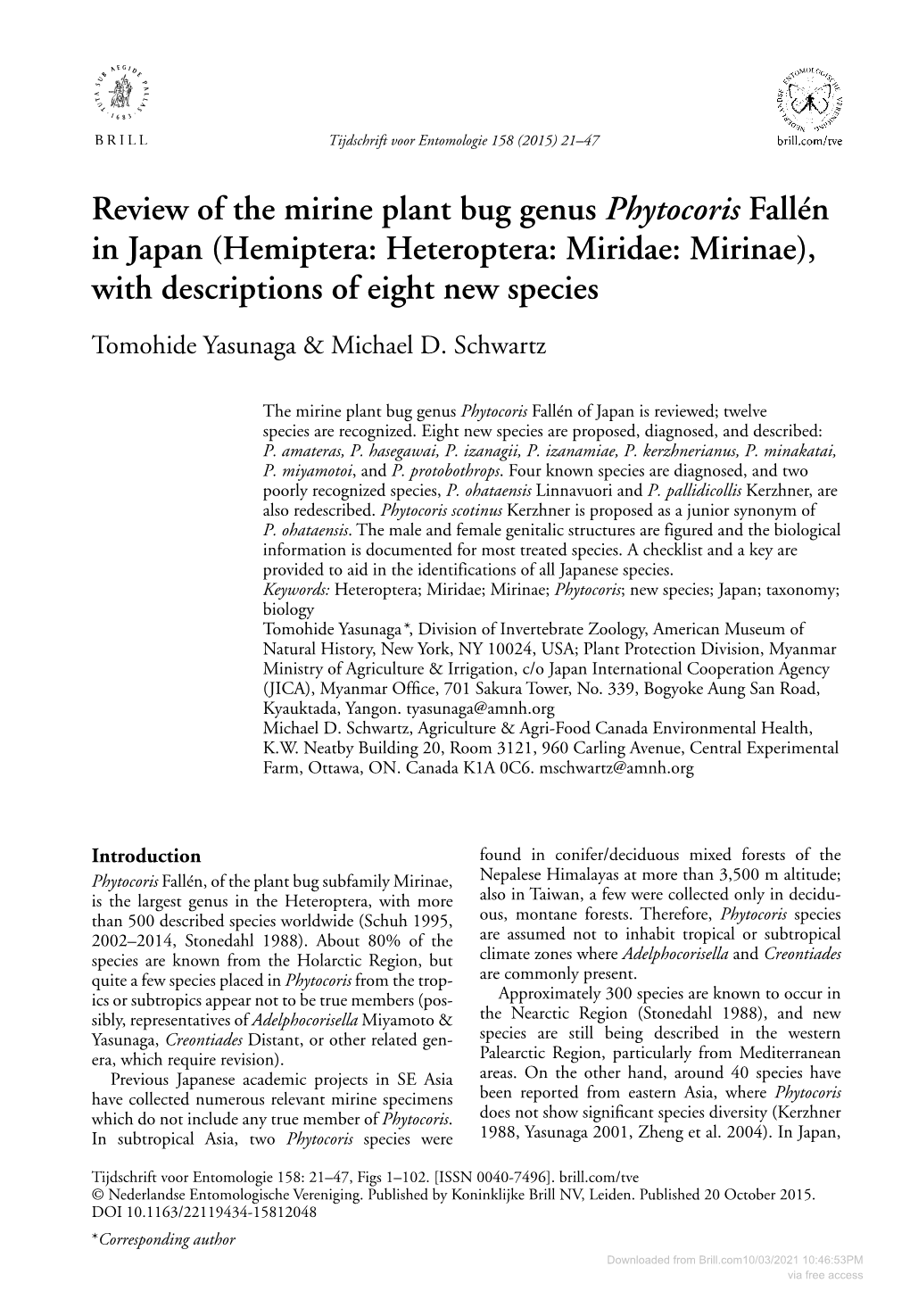 Review of the Mirine Plant Bug Genus Phytocoris Fallén in Japan