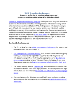 UNHP Bronx Housing Resource Resources for Staying in Your Bronx Apartment and Resources to Help You Find a New Affordable Rental Unit