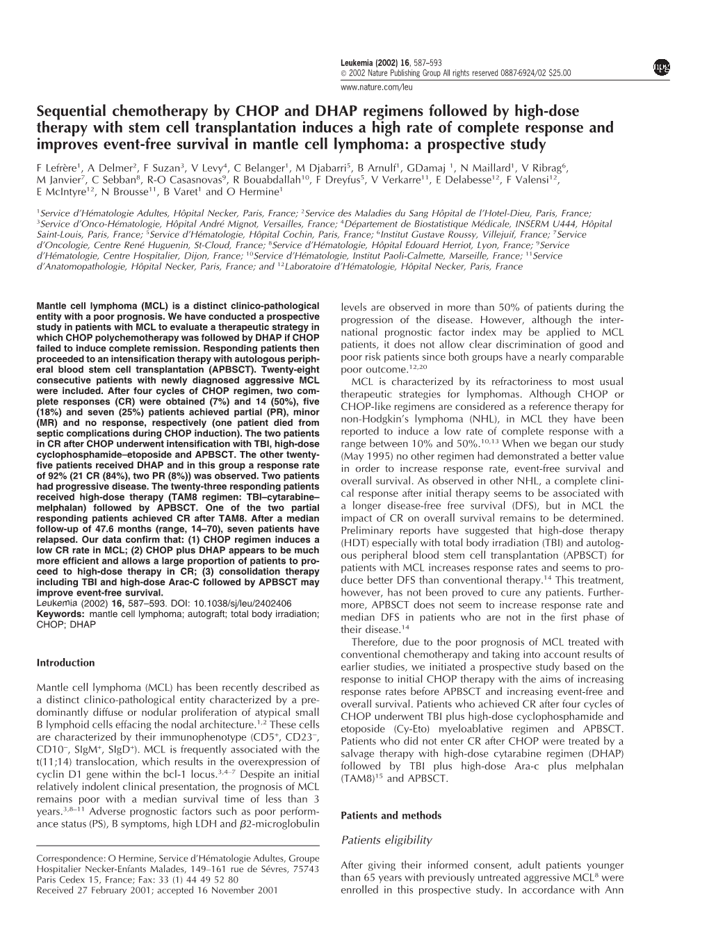 Sequential Chemotherapy by CHOP and DHAP Regimens Followed By