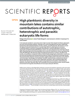 High Planktonic Diversity in Mountain Lakes Contains Similar Contributions