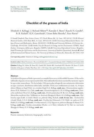 Checklist of the Grasses of India 1 Doi: 10.3897/Phytokeys.163.38393 CHECKLIST Launched to Accelerate Biodiversity Research