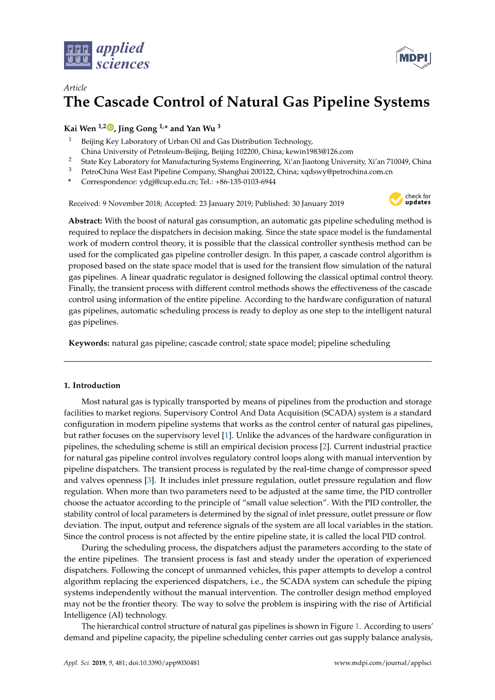 The Cascade Control of Natural Gas Pipeline Systems