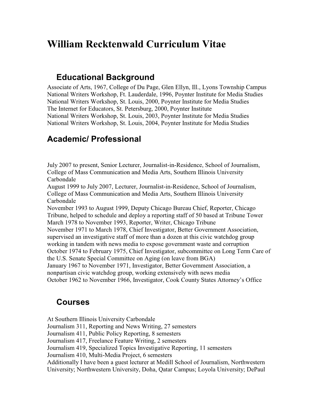 William Recktenwald Curriculum Vitae