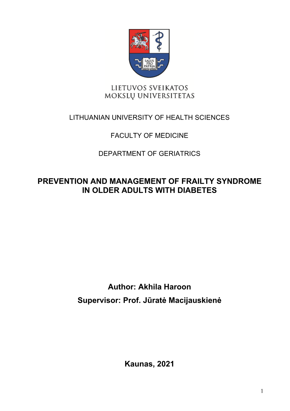 PREVENTION and MANAGEMENT of FRAILTY SYNDROME in OLDER ADULTS with DIABETES Author