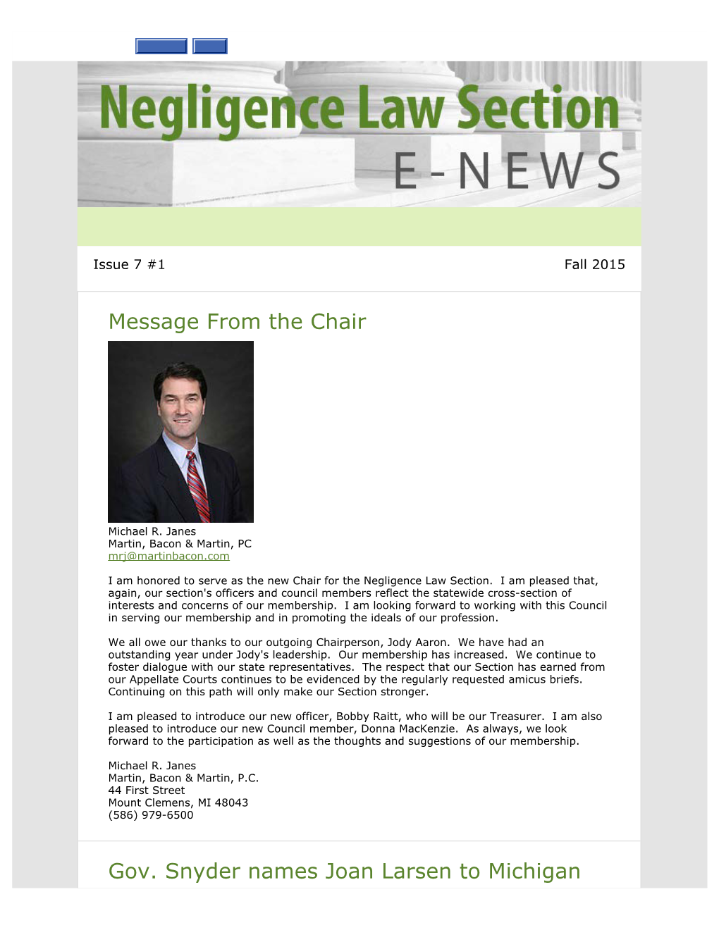 Negligence Law Section: Fall 2015 E-Newsletter