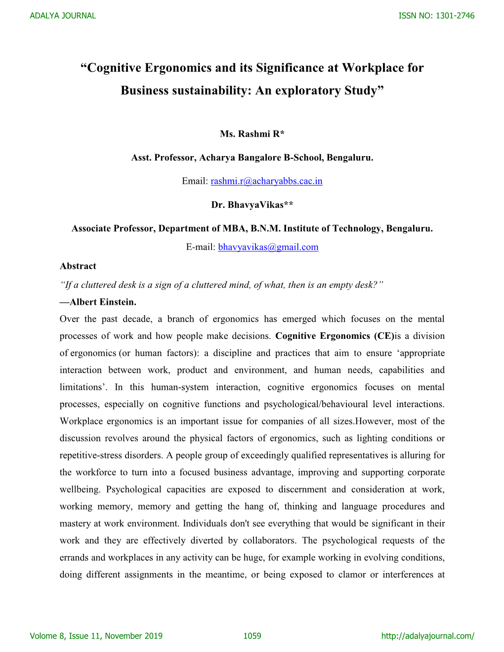 Cognitive Ergonomics and Its Significance at Workplace for Business Sustainability: an Exploratory Study”