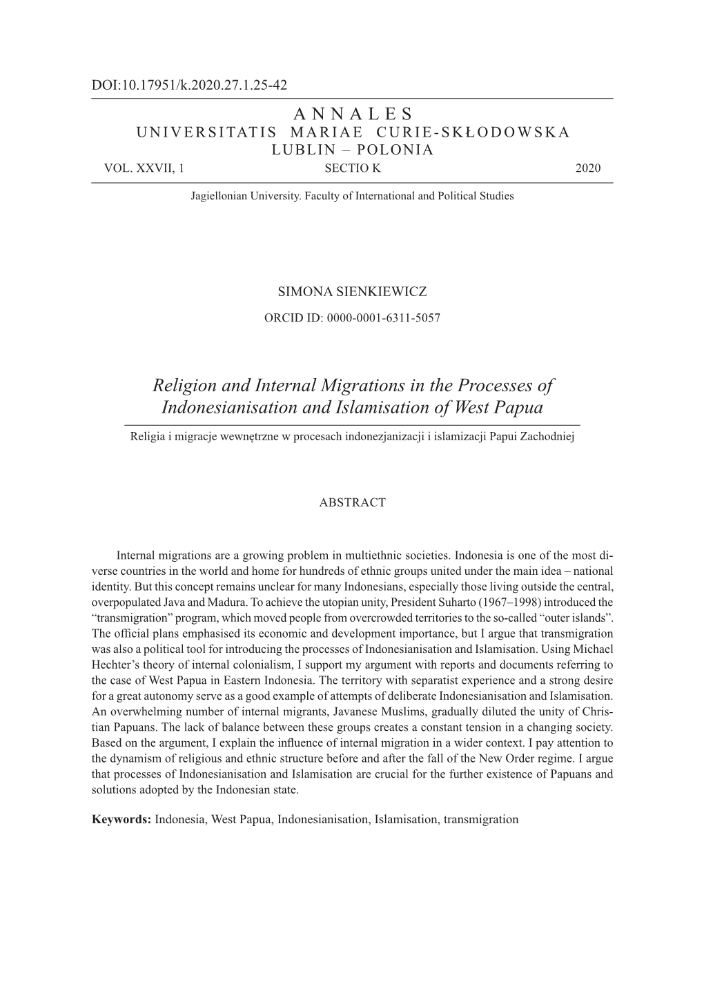 Religion and Internal Migrations in the Processes of Indonesianisation and Islamisation of West Papua