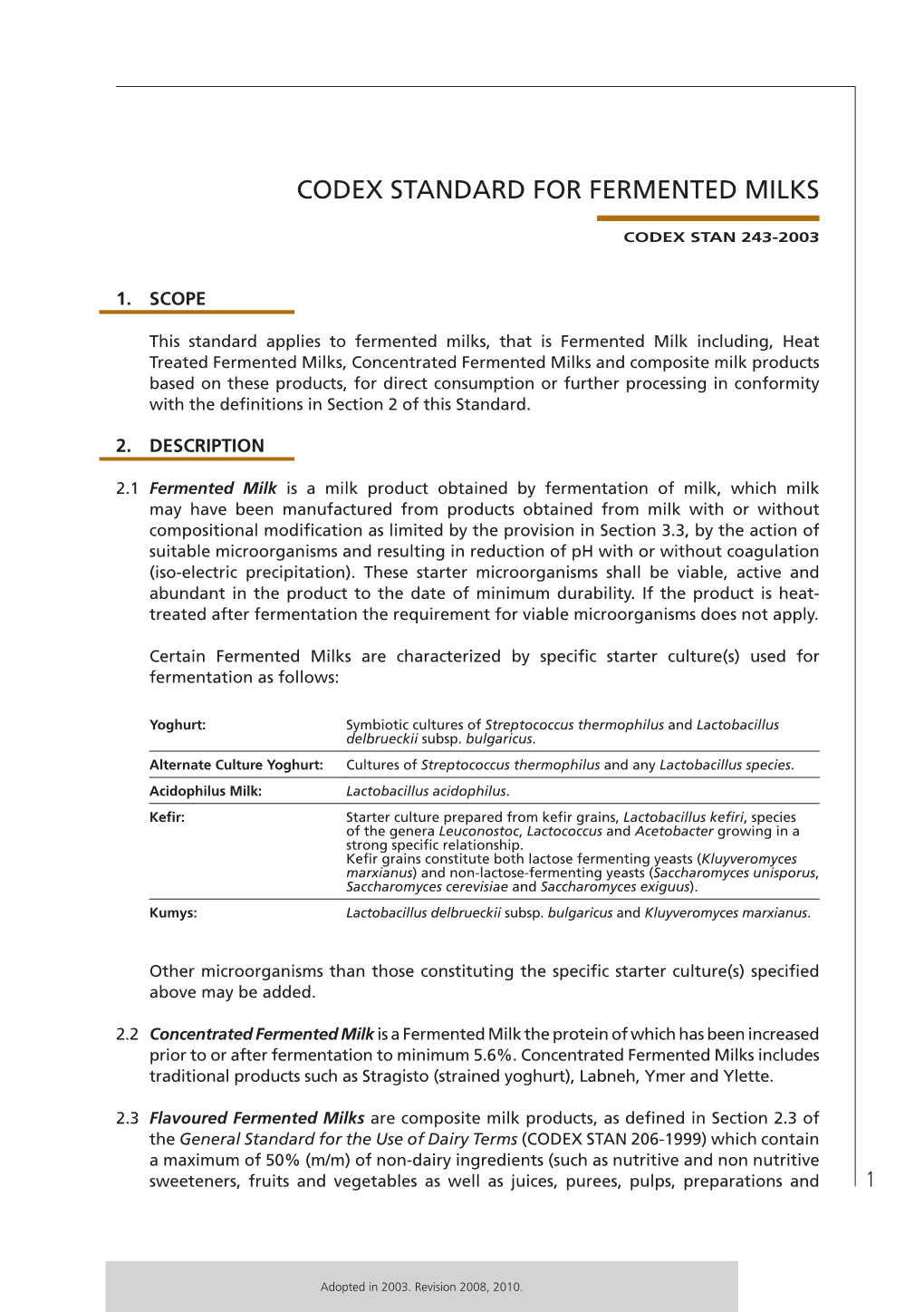 Codex Standard for Fermented Milks