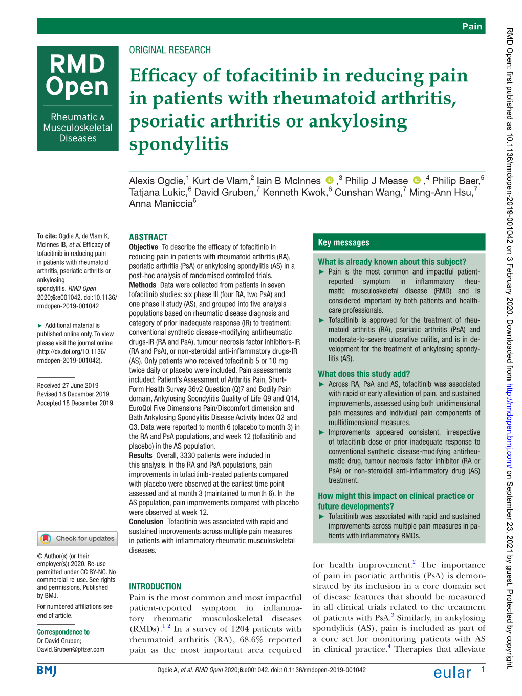 Efficacy of Tofacitinib in Reducing Pain in Patients with Rheumatoid Arthritis, Psoriatic Arthritis Or Ankylosing Spondylitis