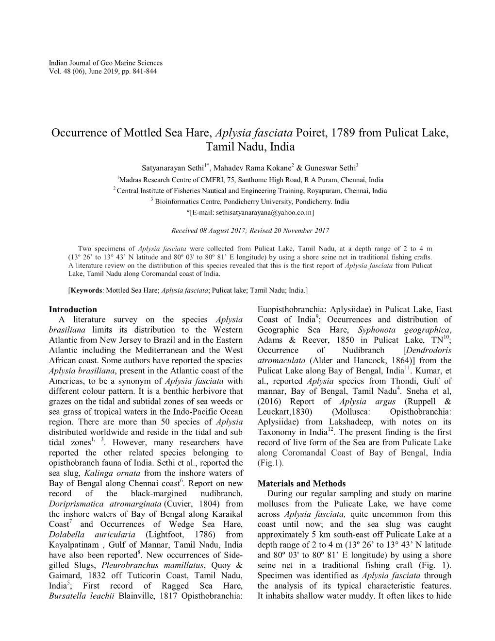 Occurrence of Mottled Sea Hare, Aplysia Fasciata Poiret, 1789 from Pulicat Lake, Tamil Nadu, India