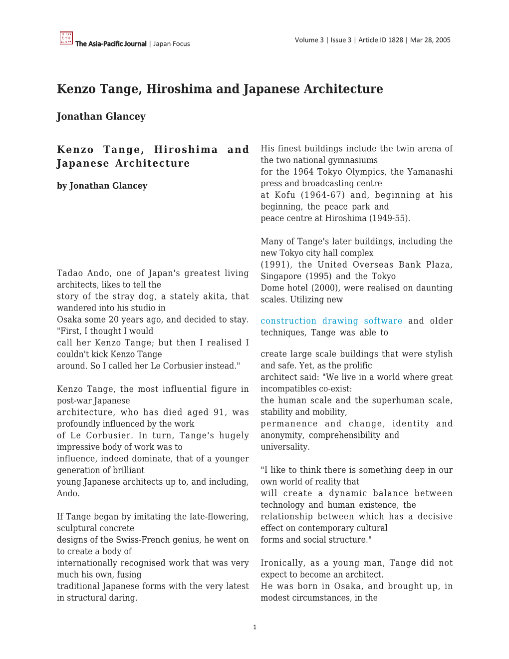 Kenzo Tange, Hiroshima and Japanese Architecture