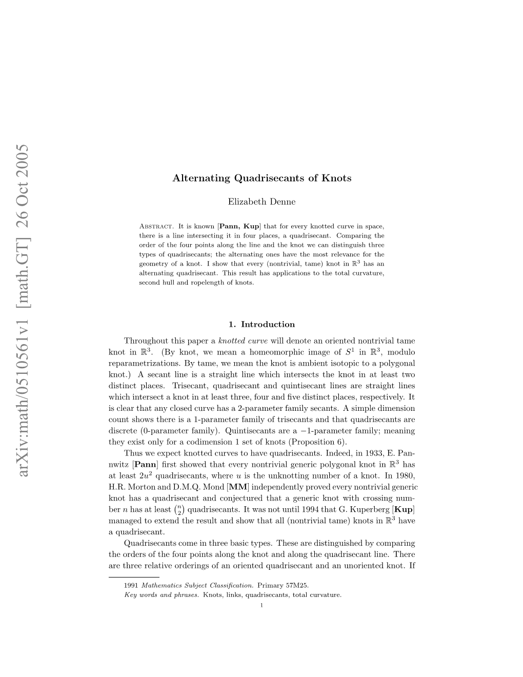 Arxiv:Math/0510561V1 [Math.GT] 26 Oct 2005 Tlat2 Least at ..Mro N ...Mn [ Mond D.M.Q