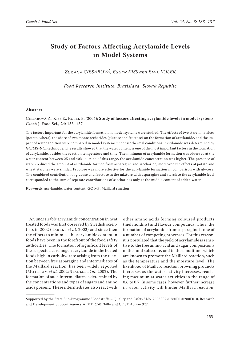 Study of Factors Affecting Acrylamide Levels in Model Systems