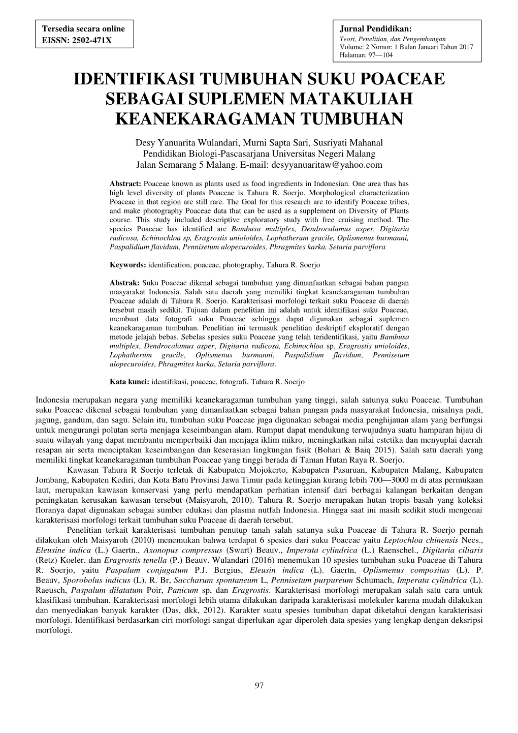 Identifikasi Tumbuhan Suku Poaceae Sebagai Suplemen Matakuliah Keanekaragaman Tumbuhan