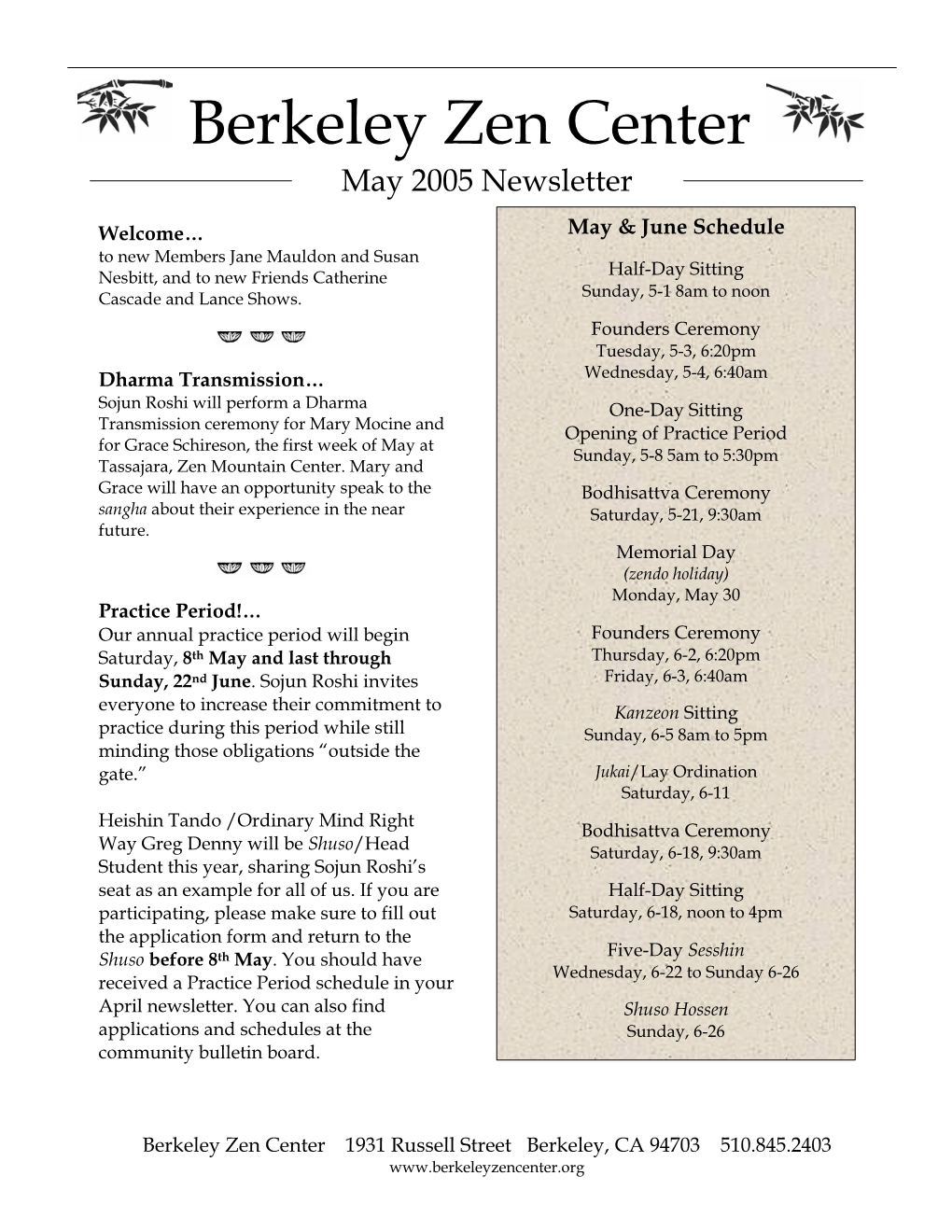 Berkeley Zen Center May 2005 Newsletter